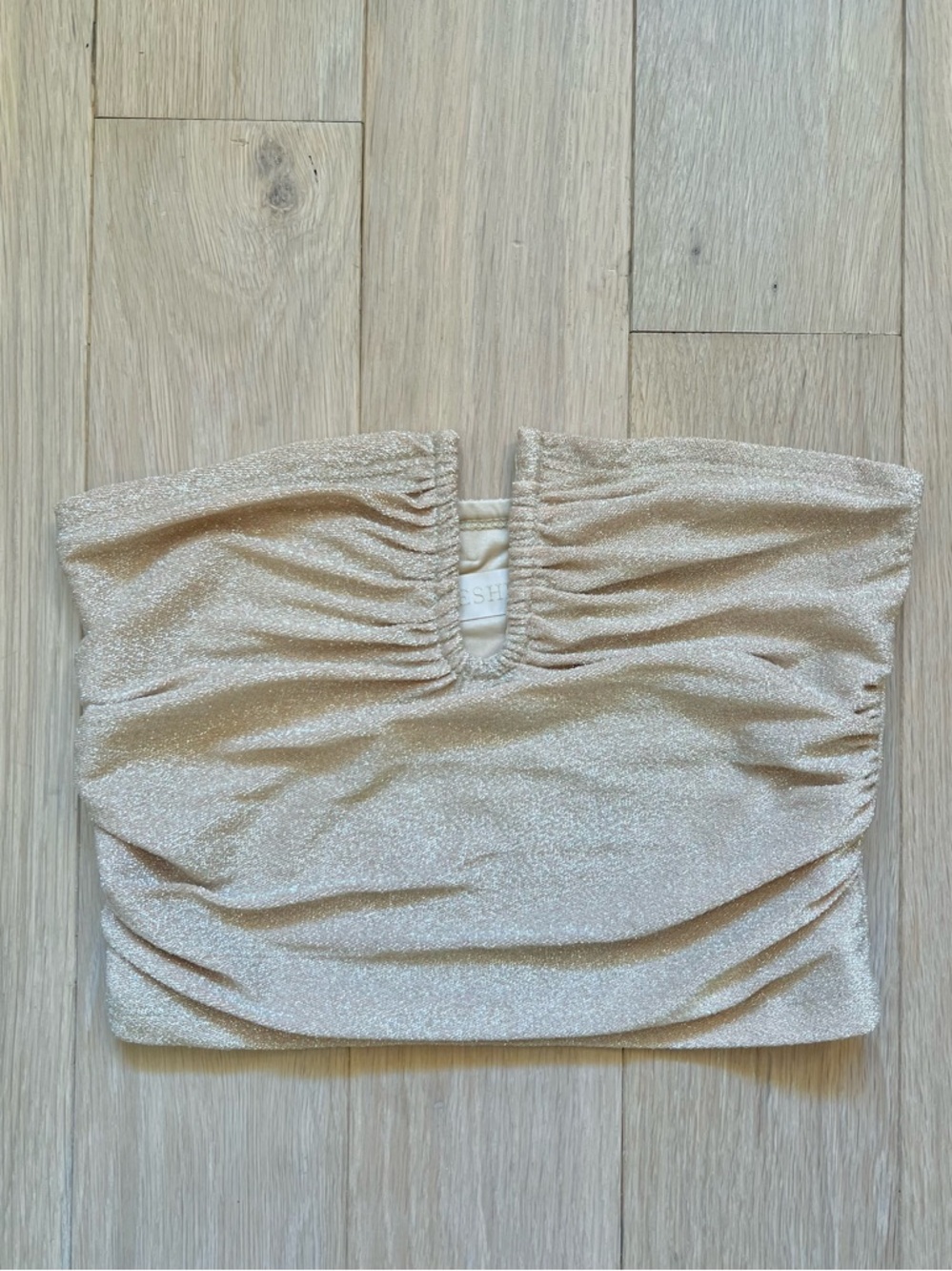 Meshki Gold Shimmery Strapless Tube Crop Top Small